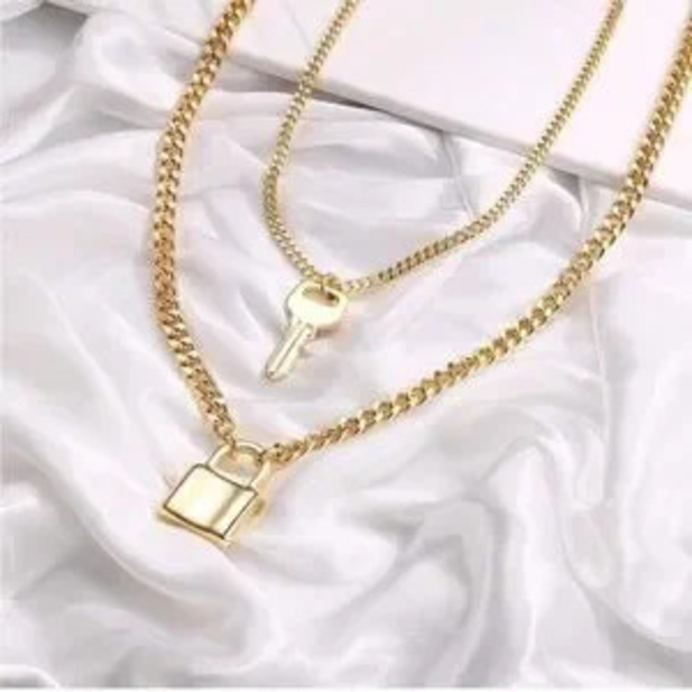 14K Gold Plated 2pc Lock & Key Chain Necklace Set